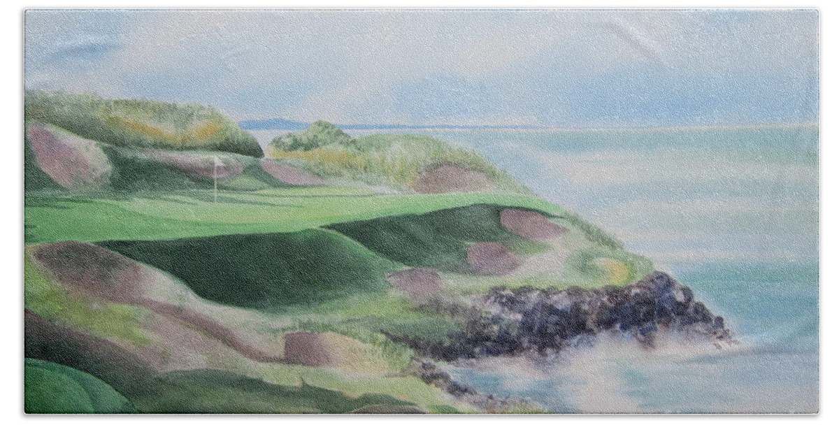 Whistling Straits Bath Towel featuring the painting Whistling Straits 7th Hole by Deborah Ronglien