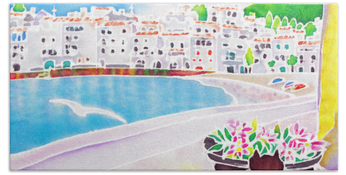 Spain Bath Towel featuring the painting White and blue 2 by Hisayo OHTA