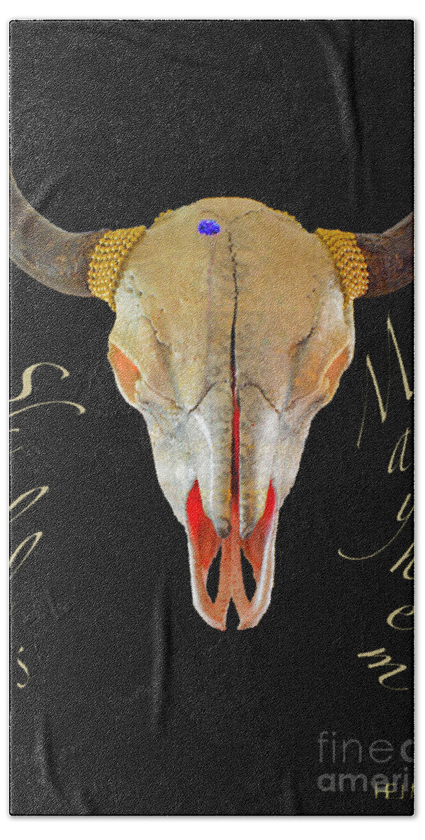 Skulls Art Work Bath Towel featuring the mixed media White and Gold Illuminating Buffalo Skull by Mayhem Mediums