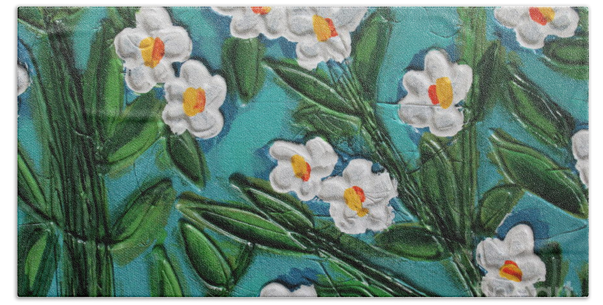 White Hand Towel featuring the painting White Blooms 2 by Cynthia Snyder