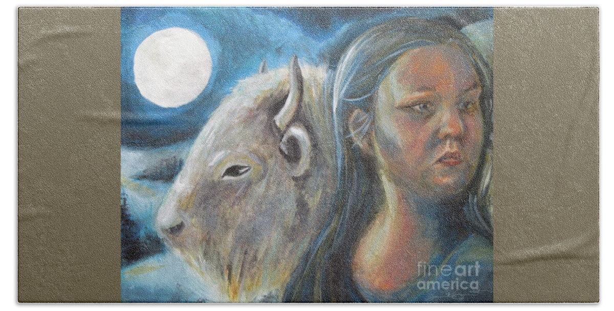 White Hand Towel featuring the painting White Buffalo Portrait by Samantha Geernaert