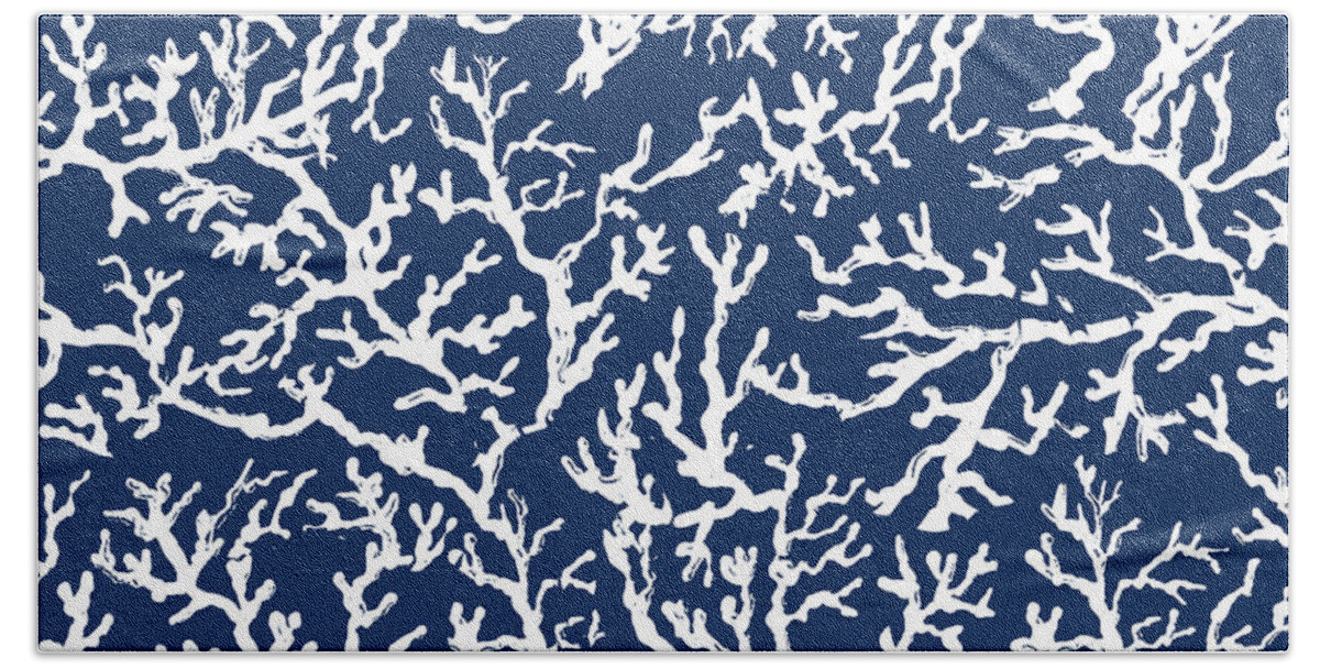 White Bath Towel featuring the mixed media White Coral On Blue Pattern by South Social D