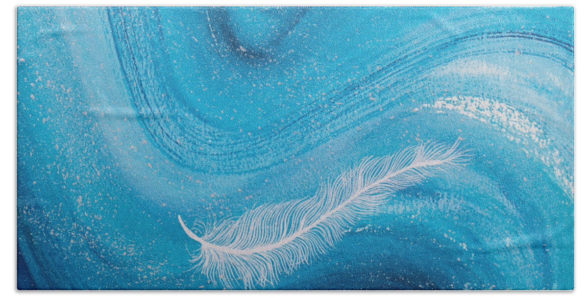 Feather Bath Towel featuring the painting White spiritual feather on pale blue wave by Carolyn Bennett by Simon Bratt