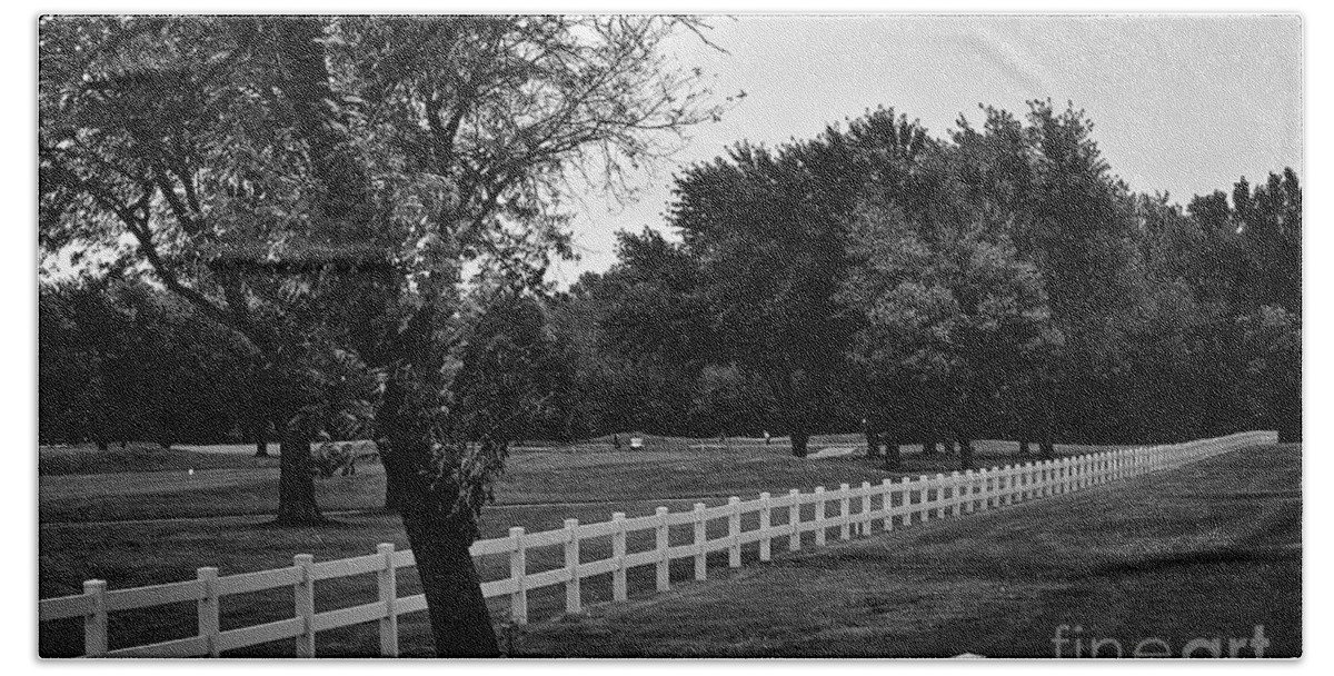 Black And White Bath Towel featuring the photograph White Fence on the Wooded Green by Frank J Casella