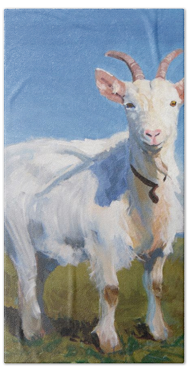 Goats Hand Towel featuring the painting White Goat by Mike Jory