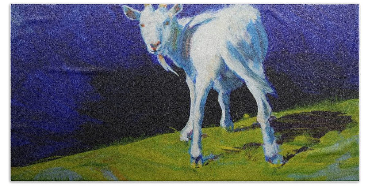 White Hand Towel featuring the painting White Goat Painting by Mike Jory