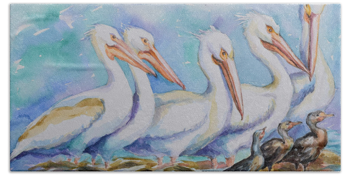 White Pelicans Bath Towel featuring the painting White Pelicans by Jyotika Shroff