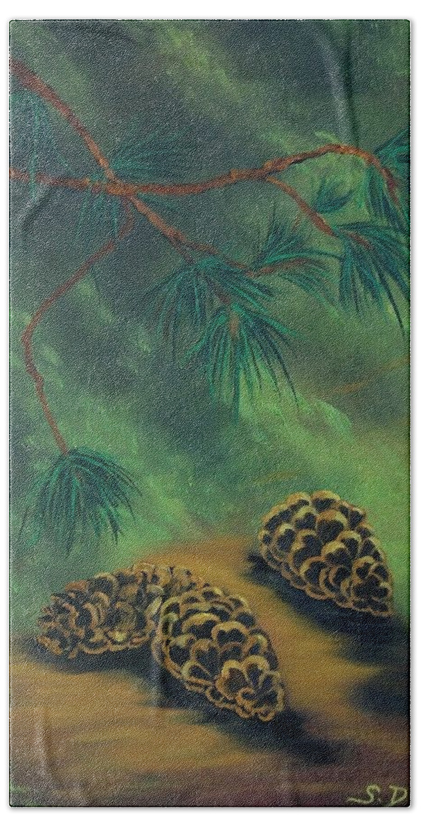 Pine Tree Hand Towel featuring the painting White Pine and Cones by Sharon Duguay