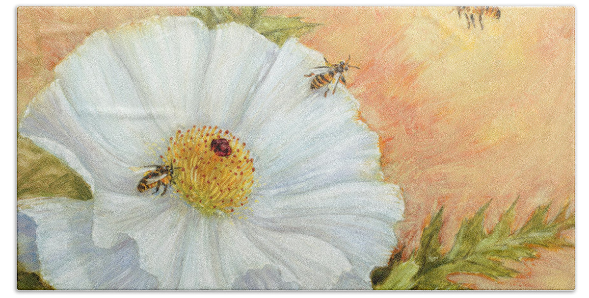 Poppy Bath Towel featuring the digital art White Poppy and Bees by Randy Wollenmann