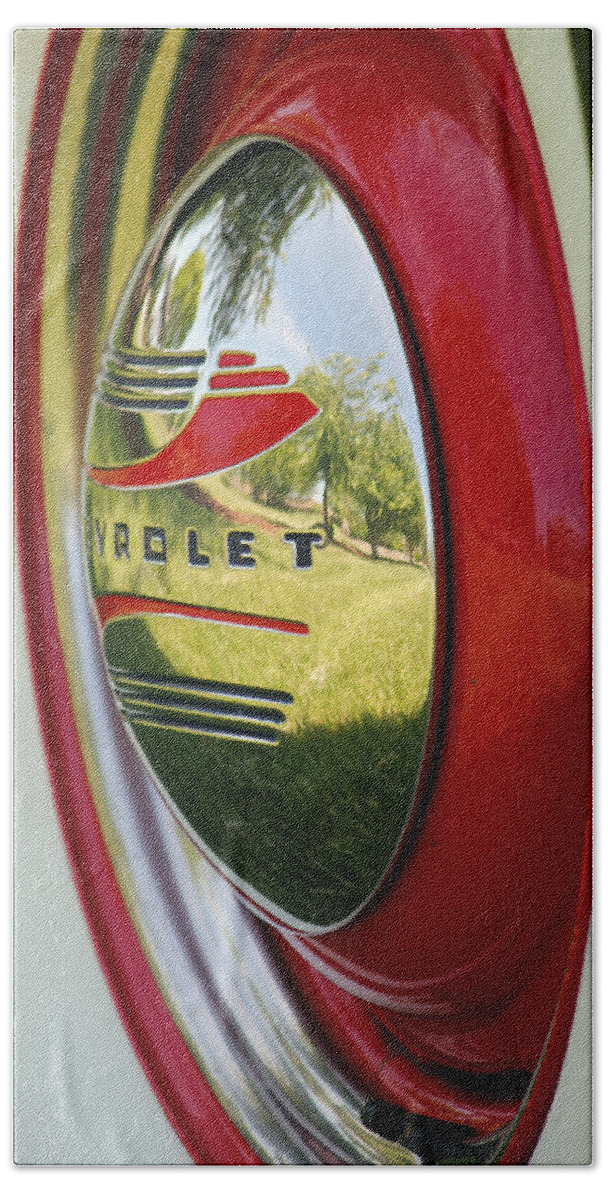 1946 Chevy Pickup Hubcap Hand Towel featuring the photograph White Sidewalls on Chevy by E Faithe Lester