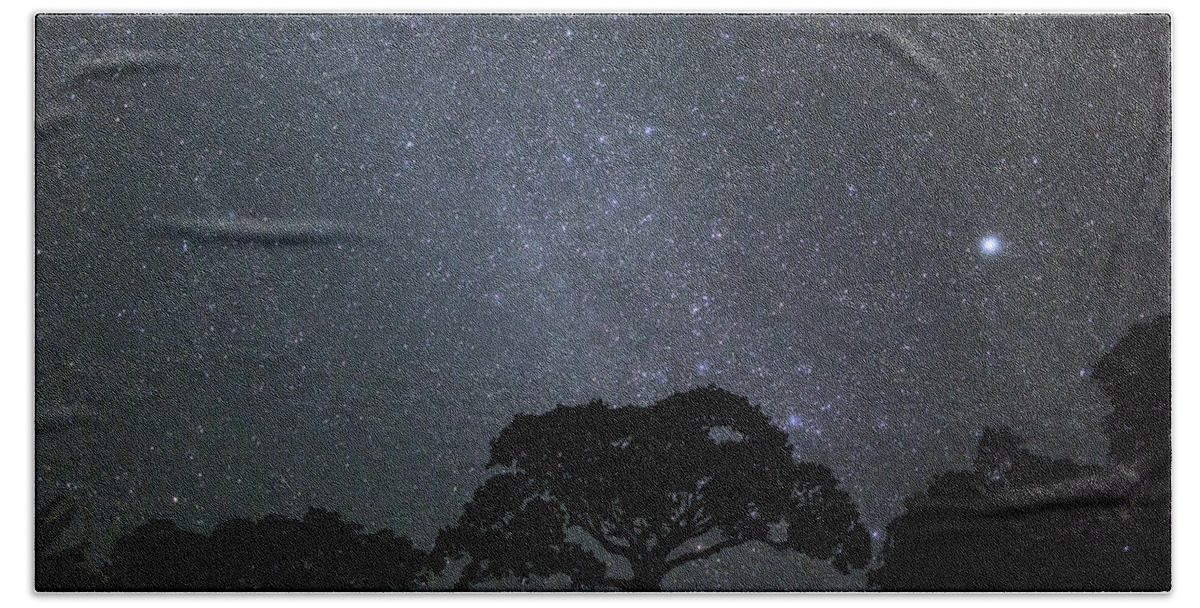 Konrad Wothe Bath Towel featuring the photograph White Silk Floss Tree And Starry T Sky by Konrad Wothe