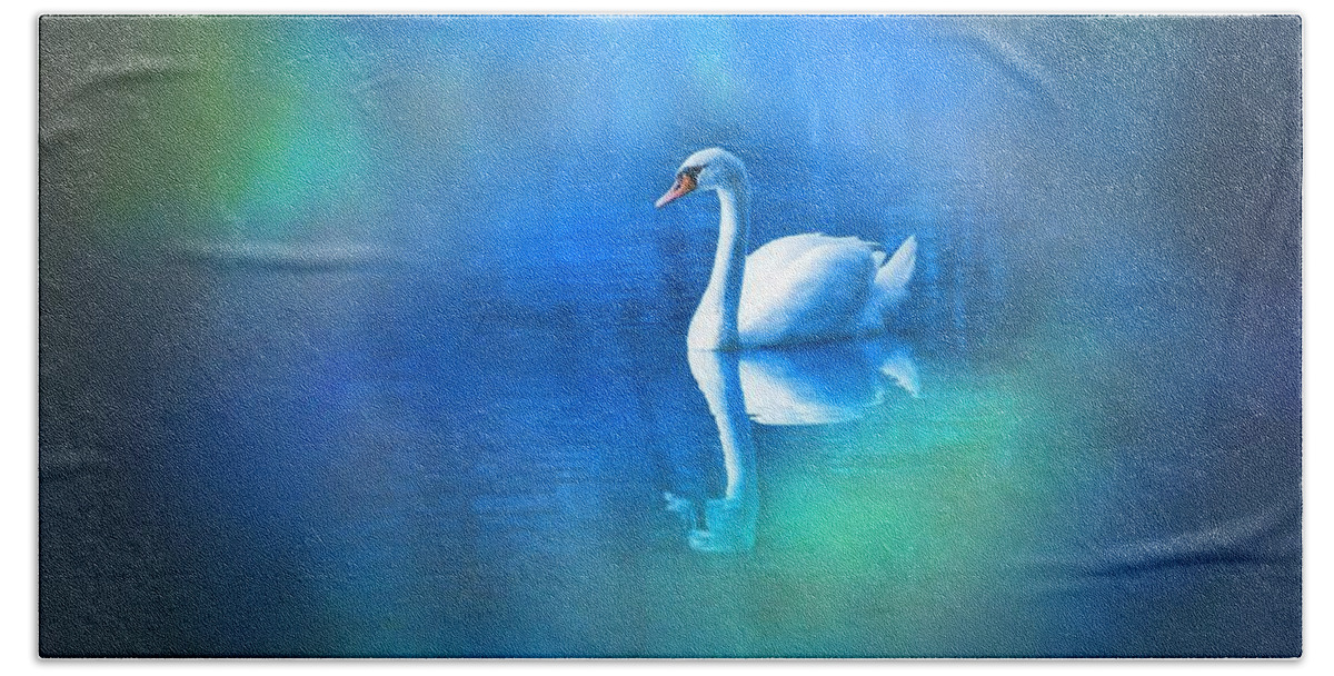 White Swan Bath Towel featuring the digital art White Swan in blue fog by Lilia S