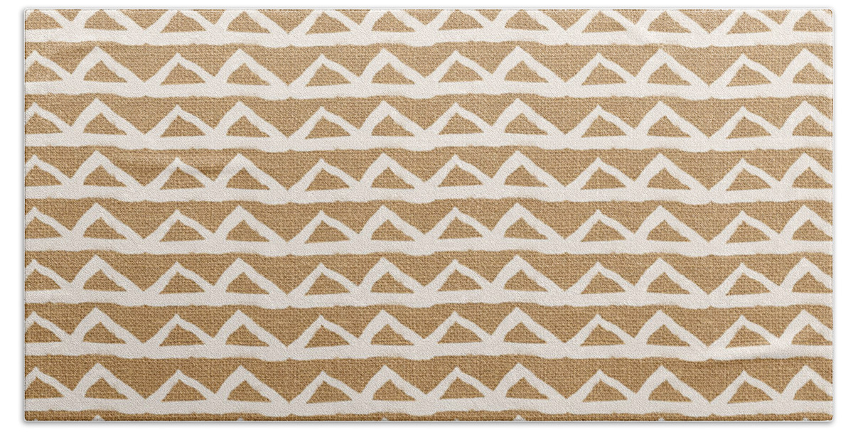 Triangles Hand Towel featuring the mixed media White Triangles on Burlap by Linda Woods