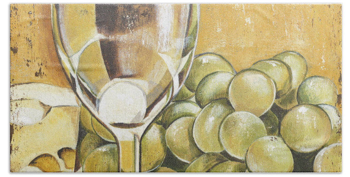 White Wine Hand Towel featuring the painting White Wine And Cheese by Debbie DeWitt