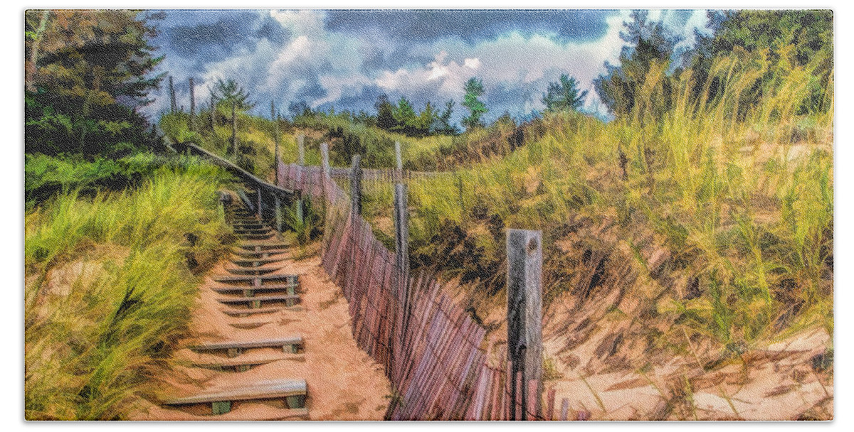 Door County Bath Towel featuring the painting Whitefish Dunes State Park Stairs by Christopher Arndt