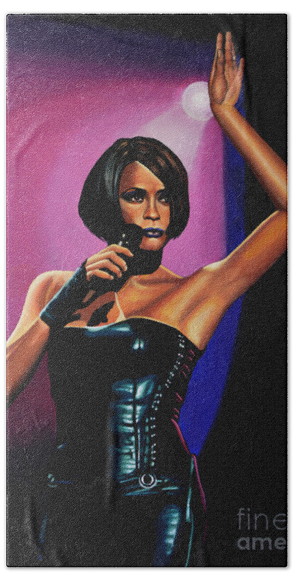 Whitney Houston Hand Towel featuring the painting Whitney Houston On Stage by Paul Meijering