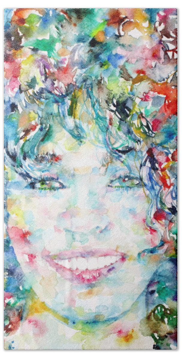 Whitney Houston Hand Towel featuring the painting WHITNEY HOUSTON - watercolor portrait by Fabrizio Cassetta
