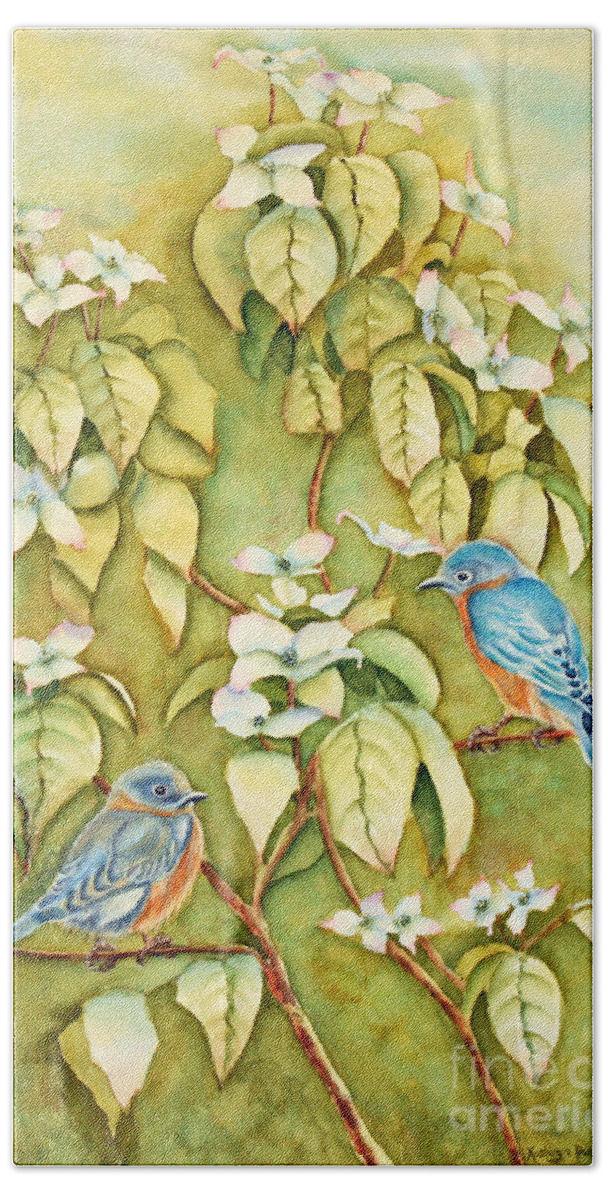 Bluebirds Bath Towel featuring the painting Wild Blues In White Dogwood 2 by Kathryn Duncan