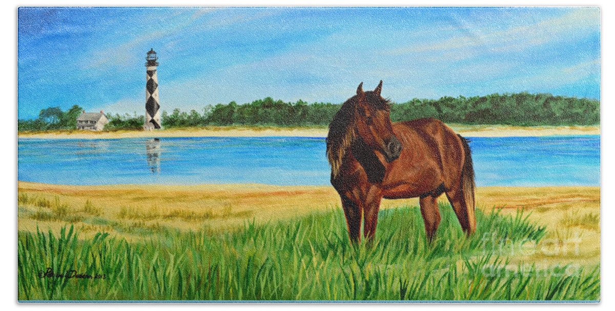 Wild Horse Bath Sheet featuring the painting Wild Horse Near Cape Lookout Lighthouse by Pat Davidson