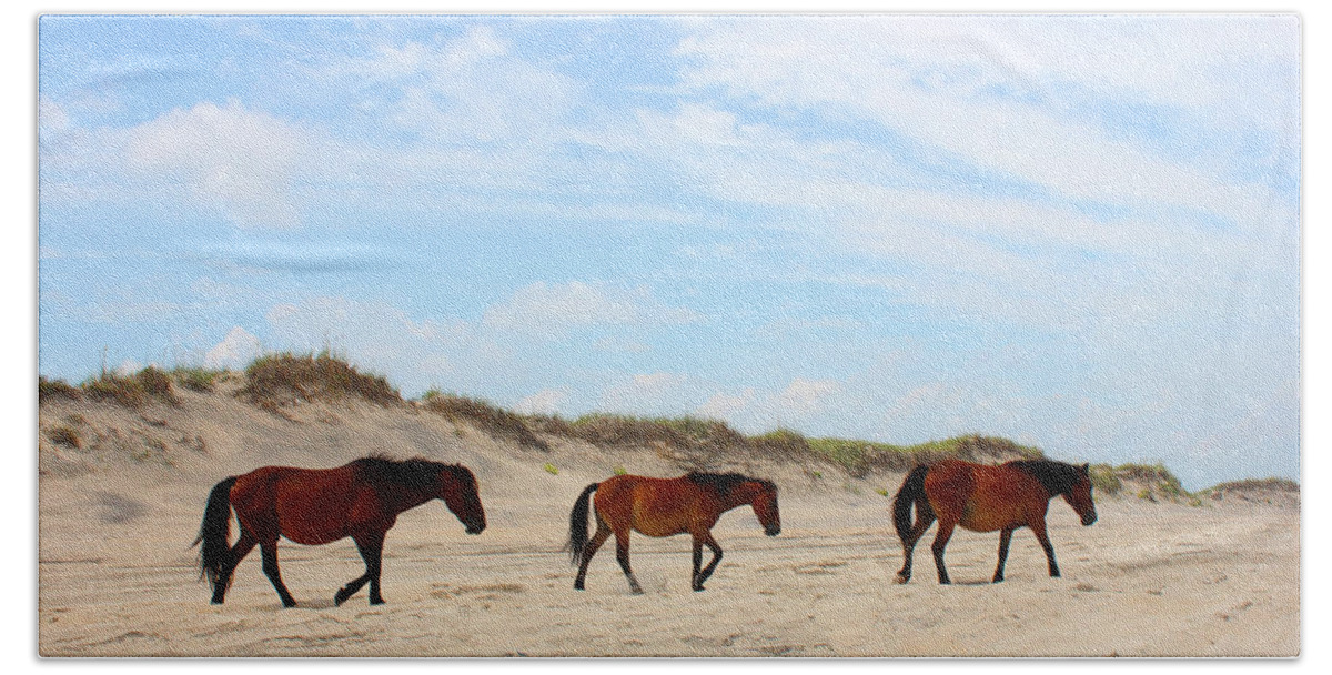 Wild Horses Of Corolla - Outer Banks Obx Ocean Sand Dune Atlantic North Carolina Vacation Duck Currituck Water Travel Trip Remote Hand Towel featuring the mixed media Wild Horses of Corolla - Outer Banks OBX by Design Turnpike