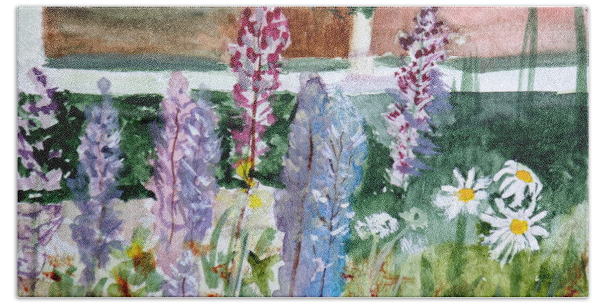 Floral Bath Towel featuring the painting Wild Lupine in Barton Vermont by Donna Walsh