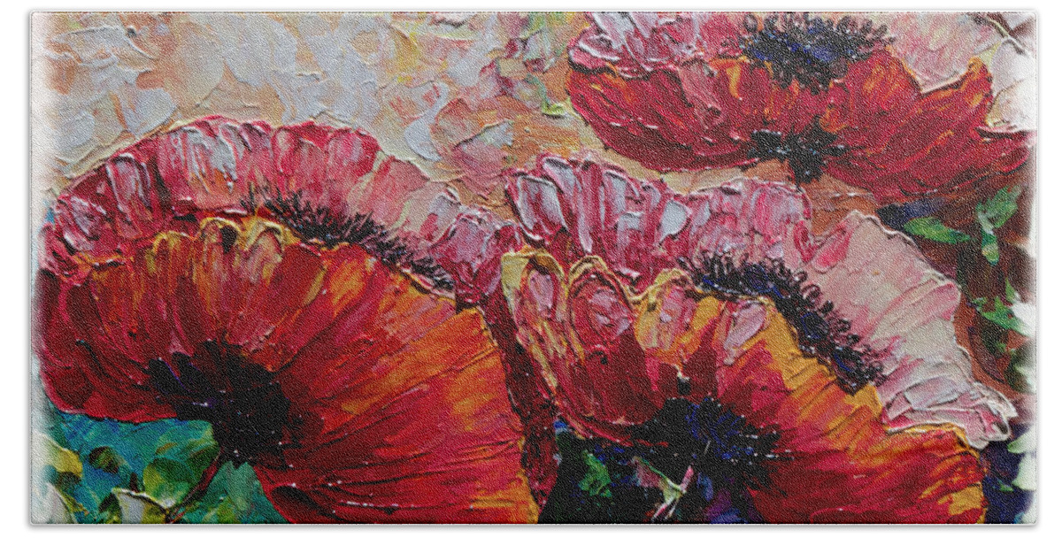  Thick Oil Texture Hand Towel featuring the painting Wild Poppies by Lena Owens - OLena Art Vibrant Palette Knife and Graphic Design