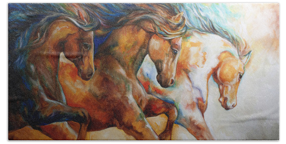 Horse Hand Towel featuring the painting Wild Trio Run by Marcia Baldwin