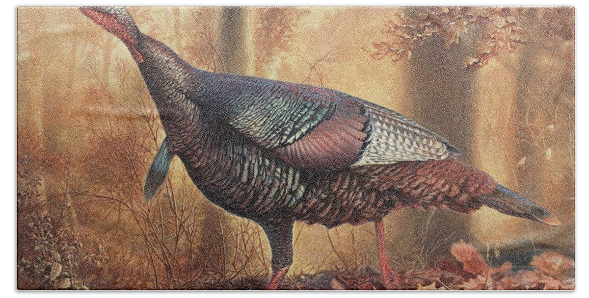 Wild Turkey Hand Towel featuring the painting Wild Turkey by Hans Droog