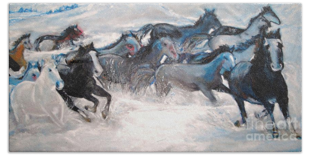 Horses Hand Towel featuring the painting Wild Wild Horses by Helena Bebirian