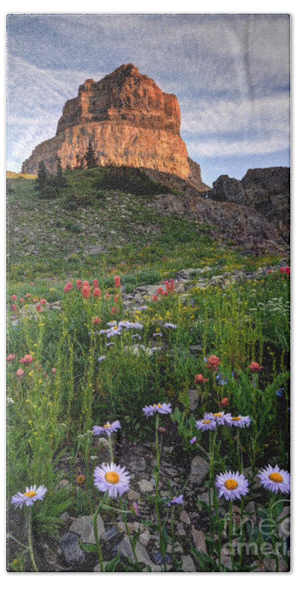 Wildflowers Bath Towel featuring the photograph Wildflowers and Timpanogos South Peak at Sunset by Gary Whitton
