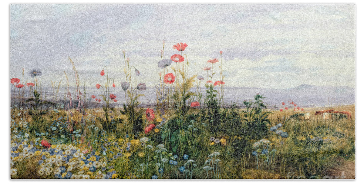Meadow; Flowers; Irish; Wild; Landscape; Poppies Hand Towel featuring the painting Wildflowers with a View of Dublin Dunleary by A Nicholl