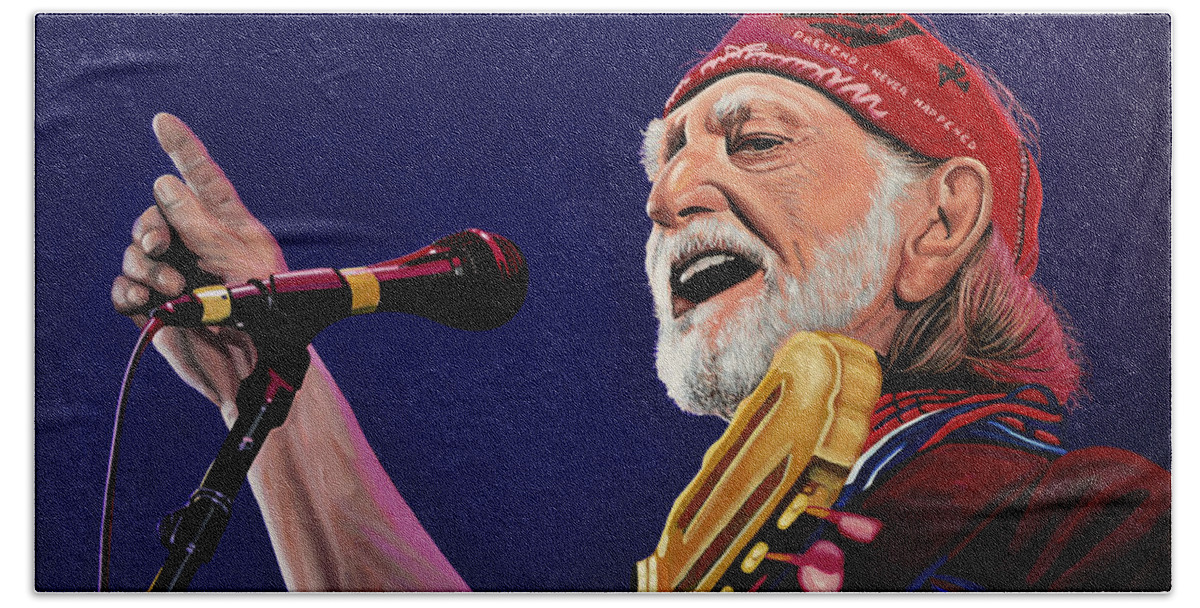 Willie Nelson Hand Towel featuring the painting Willie Nelson by Paul Meijering