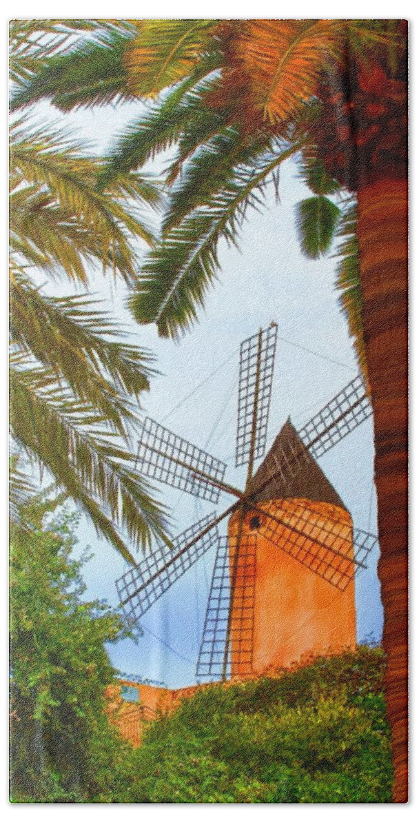 Spain Bath Towel featuring the painting Windmill in Palma de Mallorca by Deborah Boyd