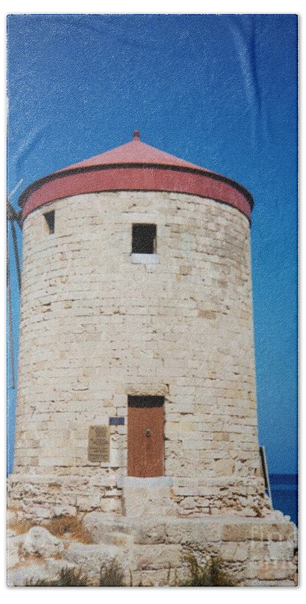 Rhodes Bath Towel featuring the photograph Windmill In Rhodos, Greece by Marcus Dagan