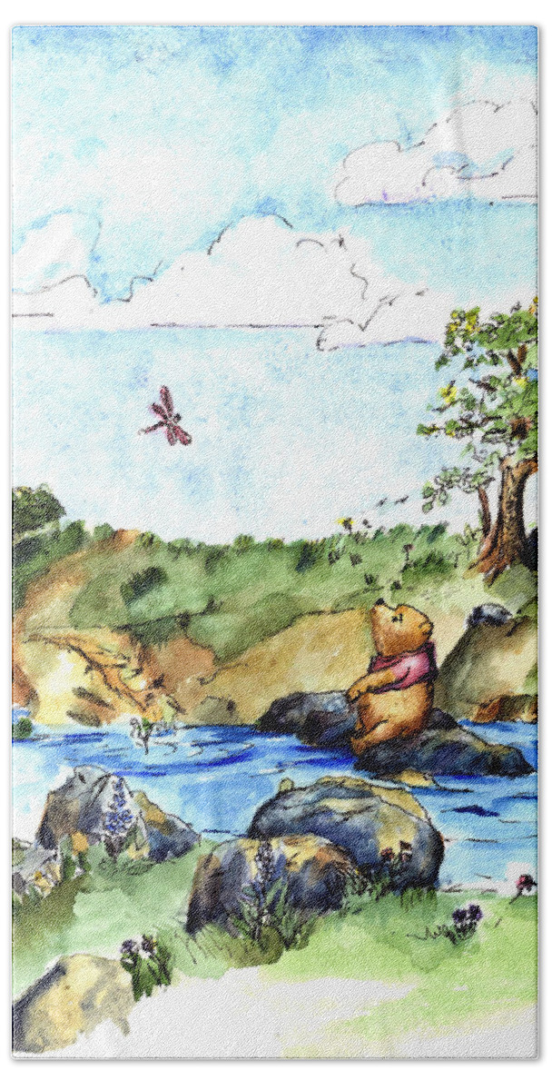 Winnie The Pooh Illustration Bath Sheet featuring the painting Imagining the Hunny after E H Shepard by Maria Hunt