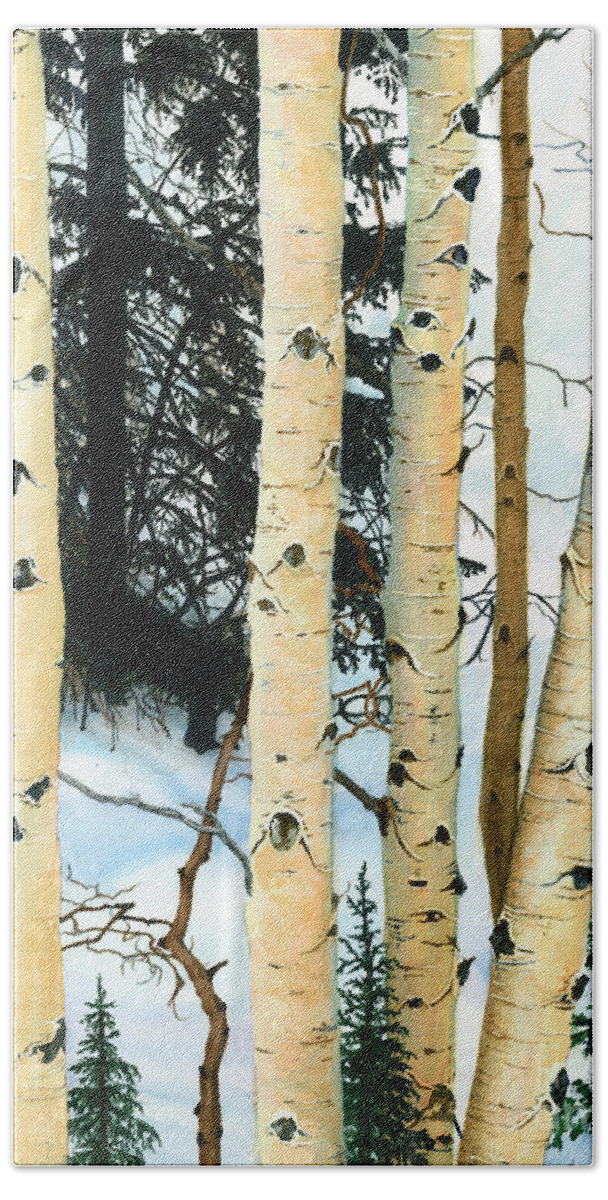 Watercolor Trees Bath Towel featuring the painting Winter Aspens by Barbara Jewell