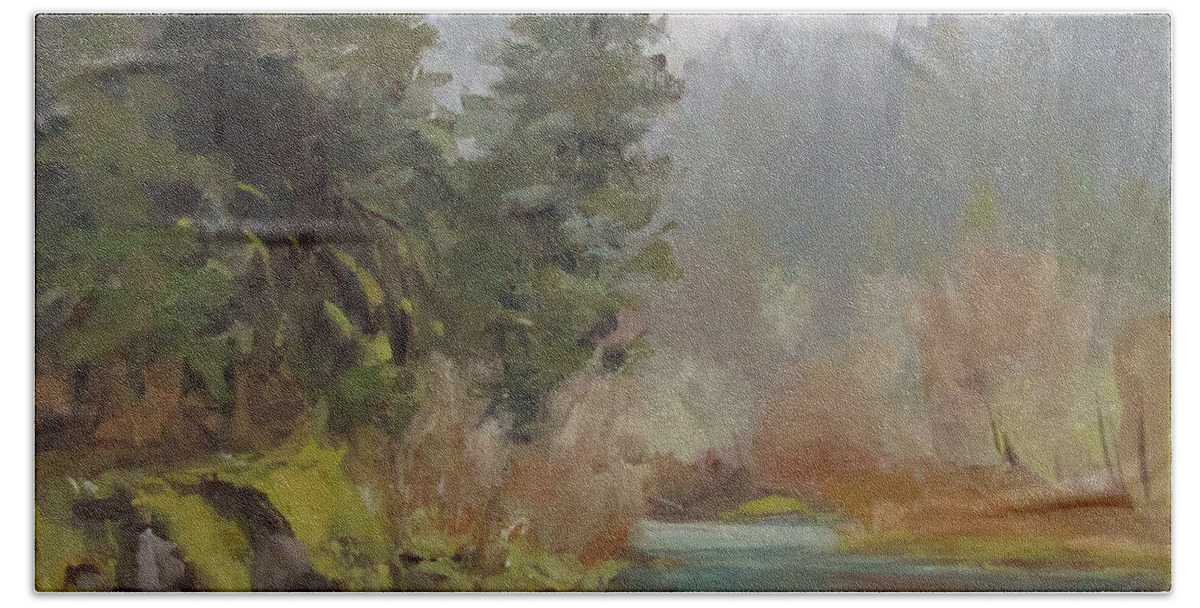 Plein Air Bath Towel featuring the painting Winter at Swiftwater by Karen Ilari
