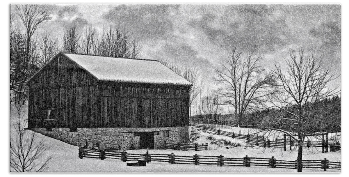 Barn Bath Sheet featuring the photograph Winter Barn monochrome by Steve Harrington