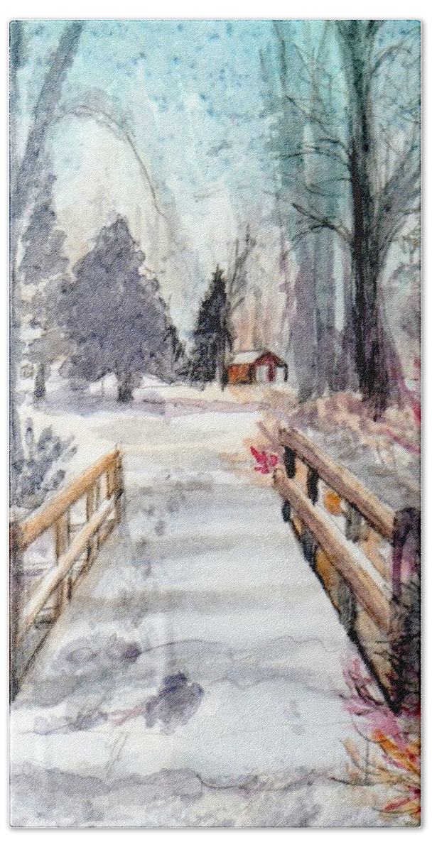 Watercolor Hand Towel featuring the painting Winter Bridge by Deb Stroh-Larson