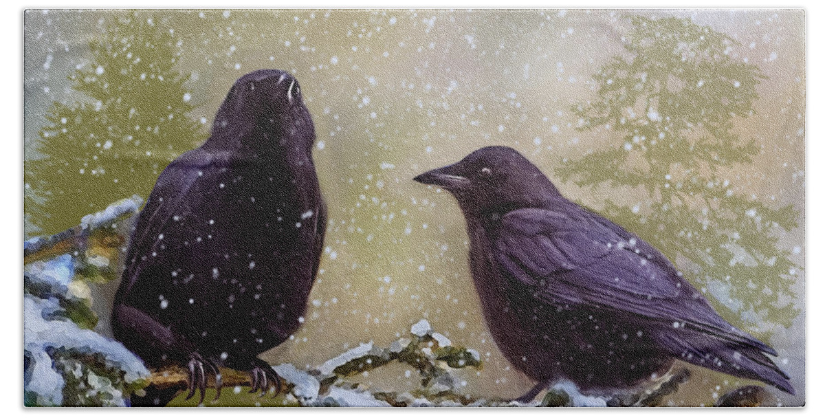 Bird Hand Towel featuring the digital art Winter Crows by Ken Morris