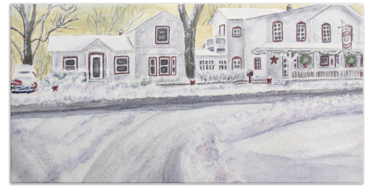 General Store Hand Towel featuring the painting Winter Holidays in Dixboro MI by Kathryn Duncan