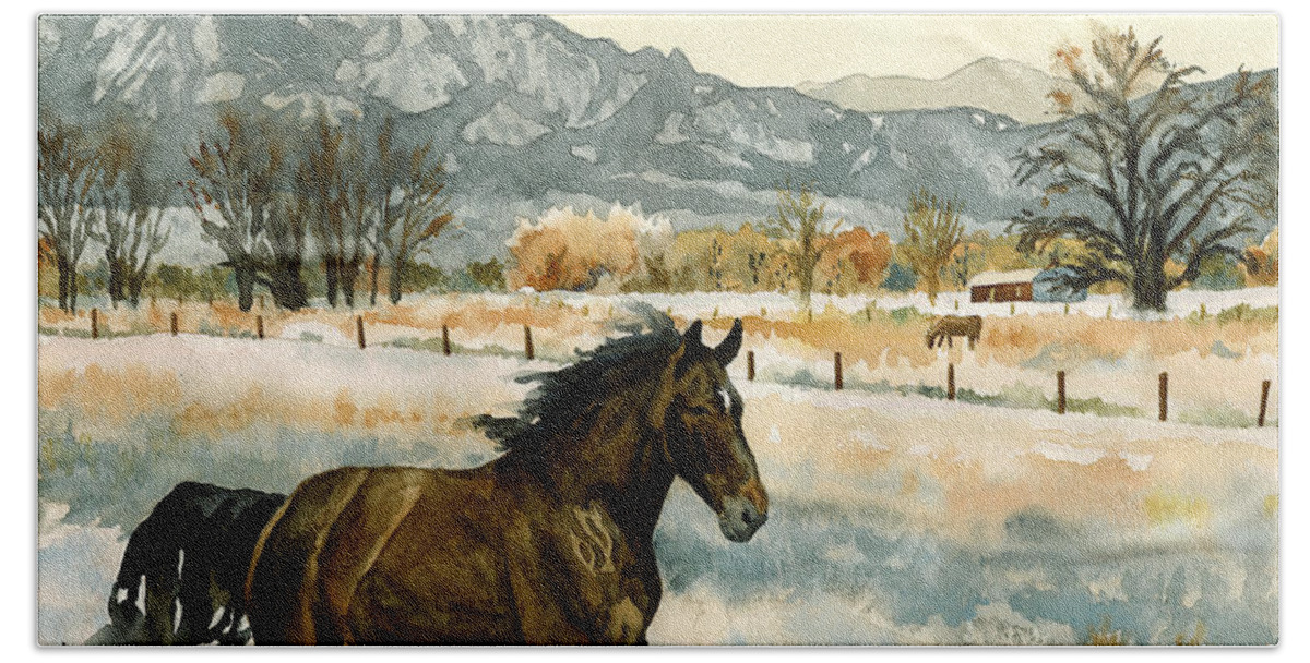 Brown Horse Painting Hand Towel featuring the painting Winter Mood by Anne Gifford
