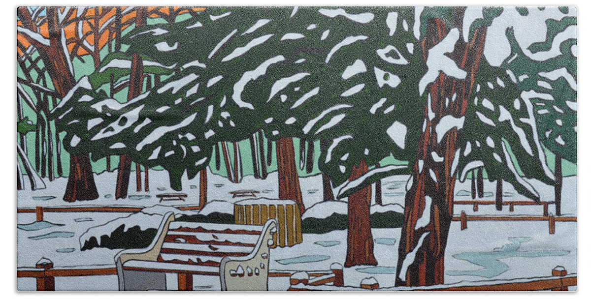 Valley Stream Bath Towel featuring the painting Winter on State Park Bench by Mike Stanko
