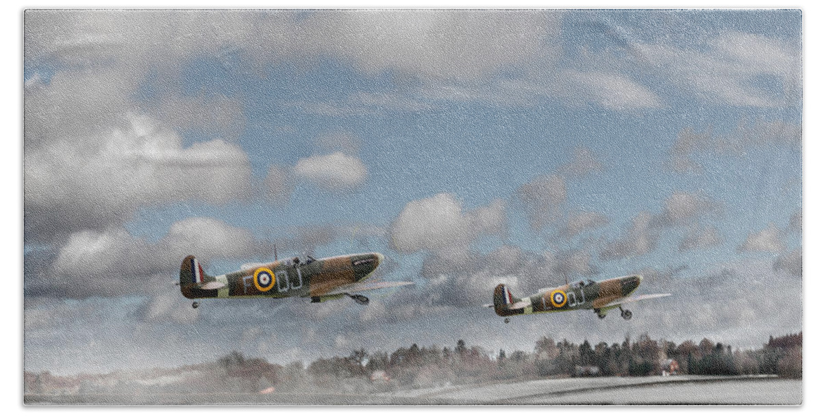 Spitfires In Winter Bath Towel featuring the photograph Winter ops Spitfires by Gary Eason