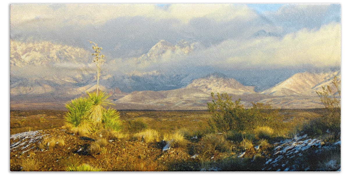 The Winter Sun Sets In Front Of The Organ Mountains-desert Peaks National Monument Bath Towel featuring the photograph Winter in the Organ Mountains by Jack Pumphrey