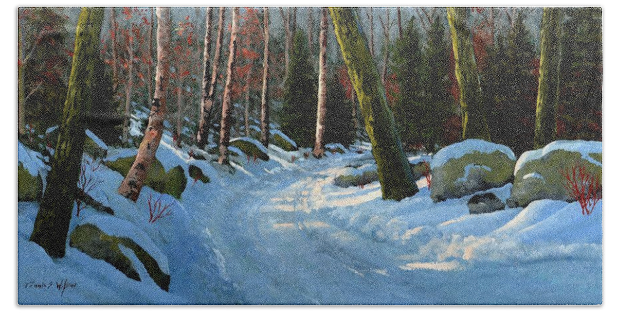 Winter Road Bath Towel featuring the painting Winter Road by Frank Wilson