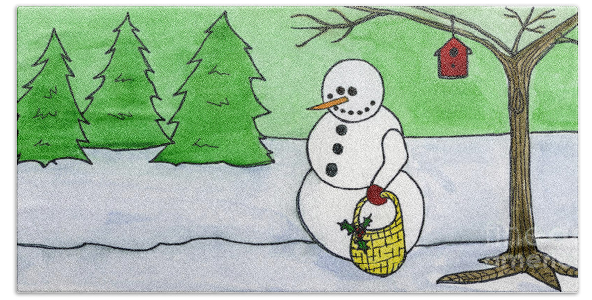 Norma Toons Bath Towel featuring the painting Winter Snowman by Norma Appleton