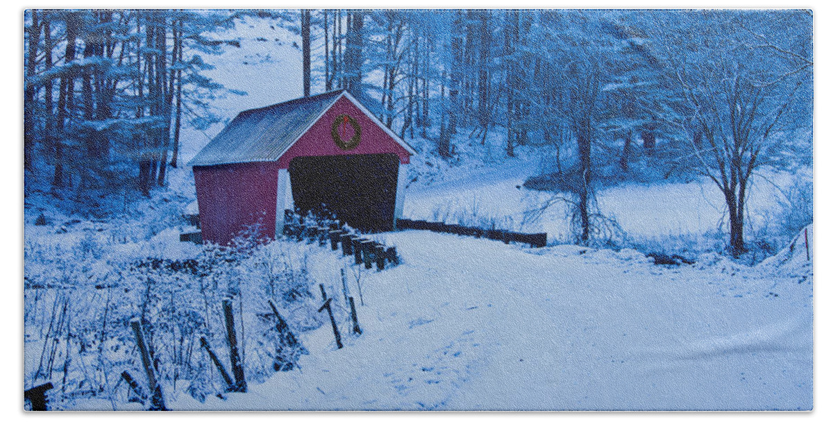 Vermont Covered Bridge Bath Towel featuring the photograph winter Vermont covered bridge by Jeff Folger