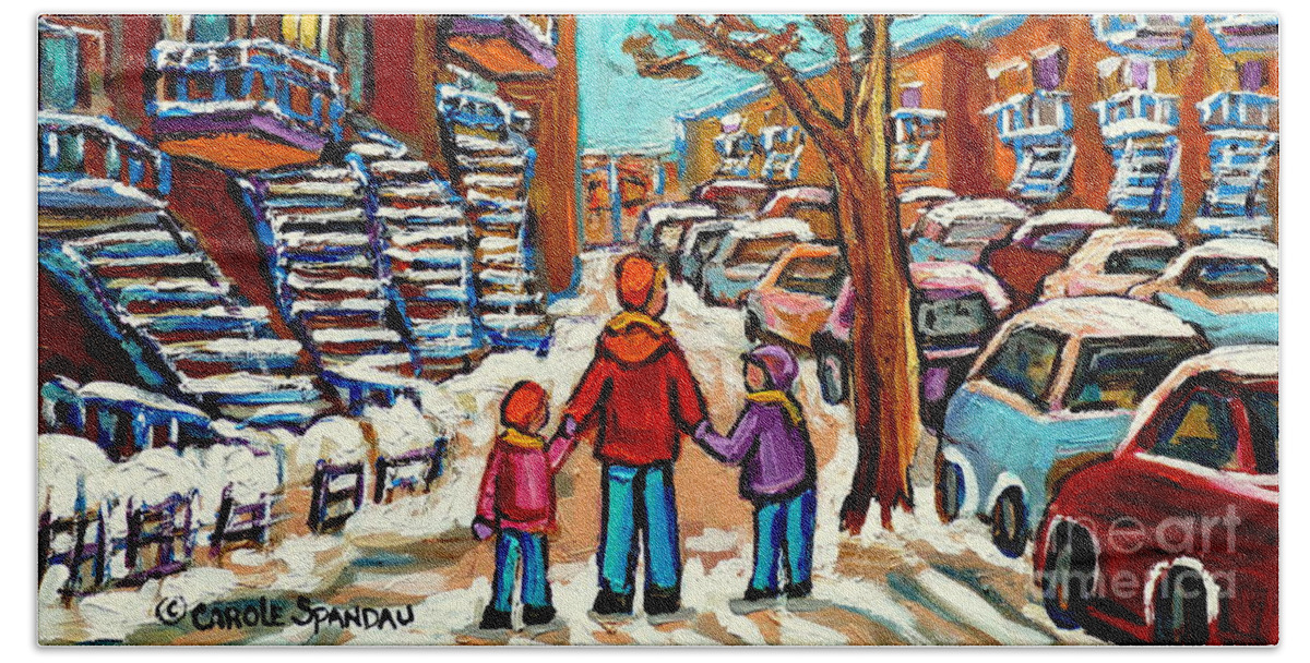Montreal Bath Towel featuring the painting Winter Walk Montreal Paintings Snowy Day In Verdun Montreal Art Carole Spandau by Carole Spandau