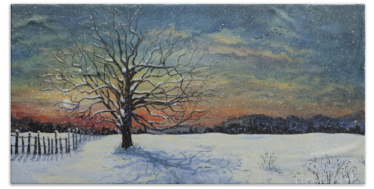 Oak Tree Hand Towel featuring the painting Winters Eve by Mary Palmer